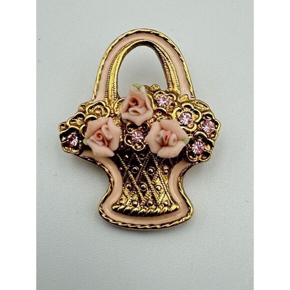 1928 Flower Basket Brooch Enamel Iridescent Crystals Porcelain Gold Tone Vintage - Picture 2 of 7
